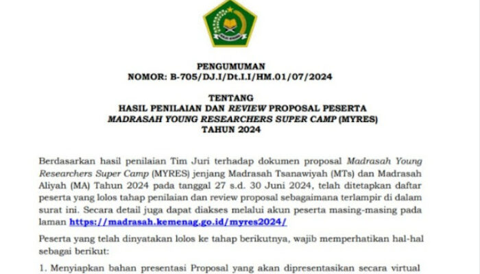 Hasil Penilaian dan Review Proposal Peserta Madrasah Young Researchers Super Camp (MYRES) Tahun 2024