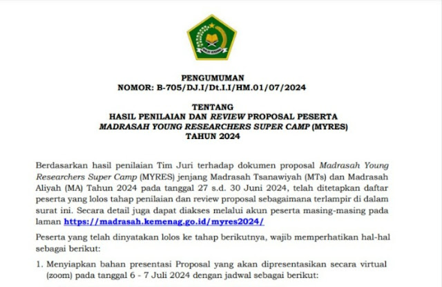 Hasil Penilaian dan Review Proposal Peserta Madrasah Young Researchers Super Camp (MYRES) Tahun 2024